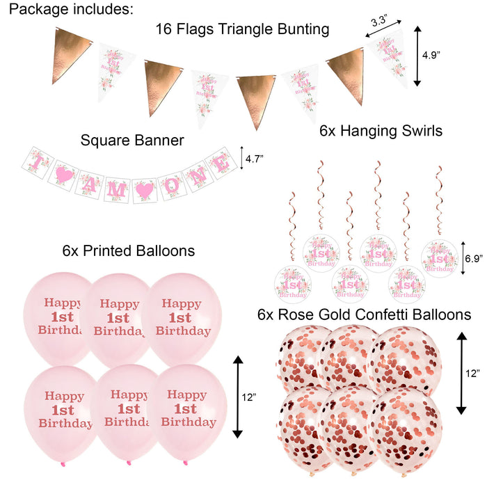 20 Piece 1st Birthday Decorations Set Pink Floral for Girls