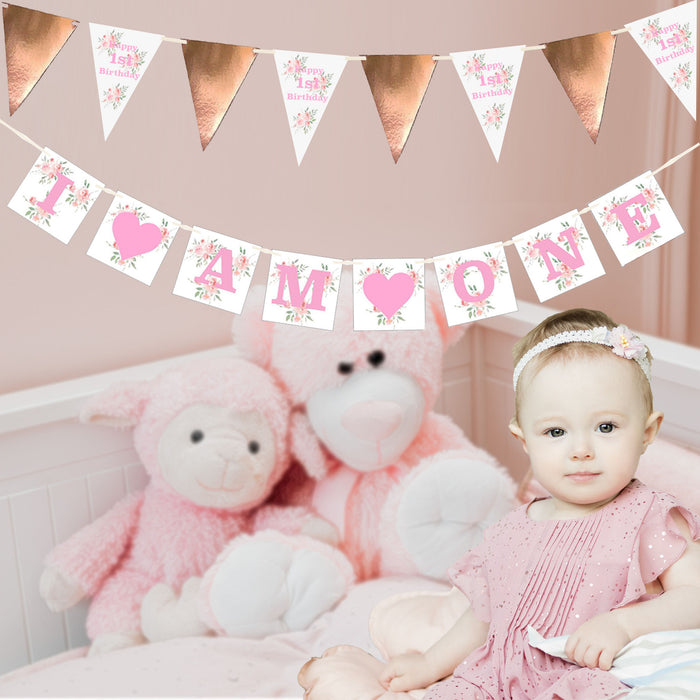 20 Piece 1st Birthday Decorations Set Pink Floral for Girls