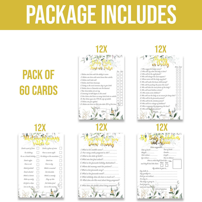 60 Pack Baby Shower Card Games Neutral Botanical Floral Advice Predictions How well Trivia