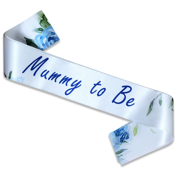 Mummy to Be Blue Rhinestone Tiara and Sash Blue Floral Navy Text Baby Shower