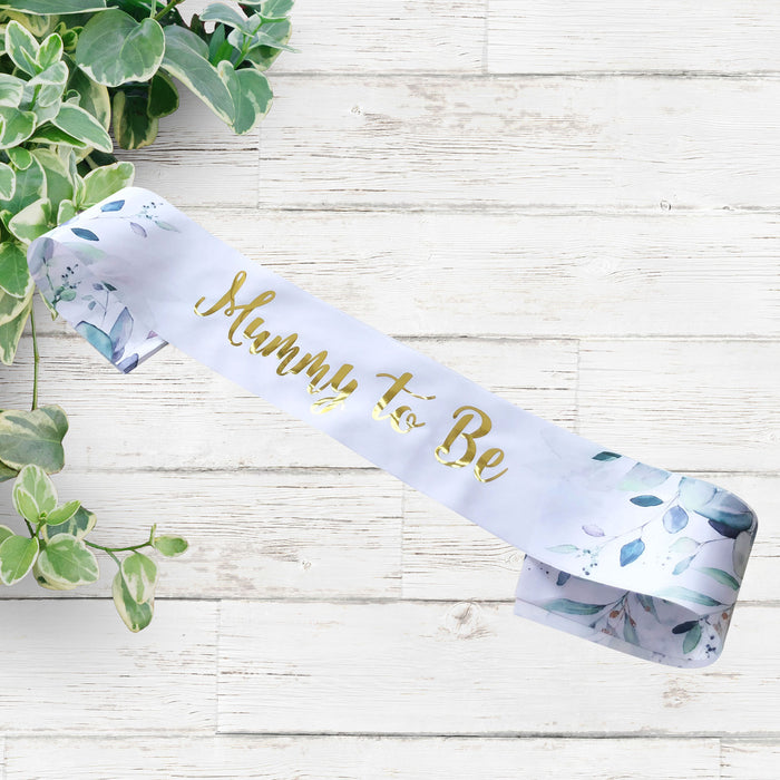 Mummy to Be Sash Neutral Botanical Floral Gold Text Baby Shower