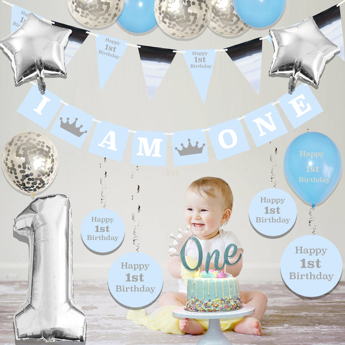 Complete 1st Birthday Decorations Set Blue for Boys with Cake Topper