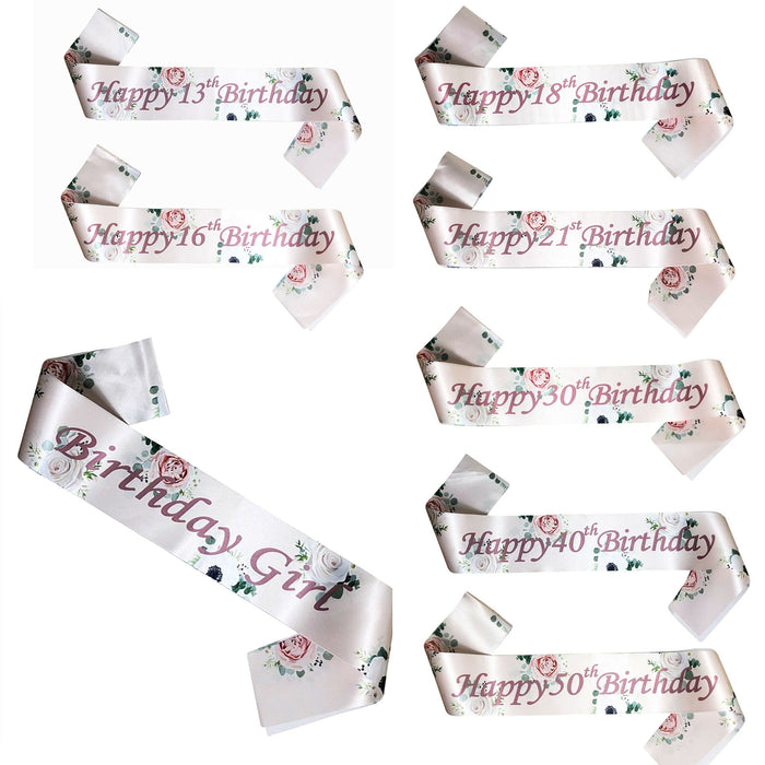 Floral Rose Gold Birthday Sash Age 13-80