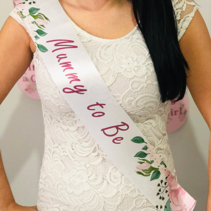 Mummy to Be Sash Pink Floral Rose Gold Text Baby Shower Girl
