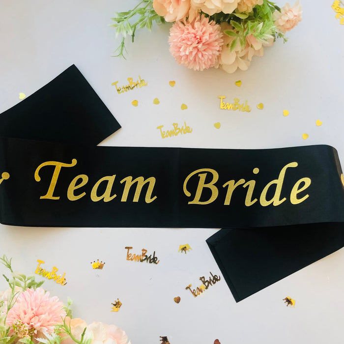 Pack of 12 Team Bride Black and Gold Sashes and 1 Bride to Be Sash White and Gold