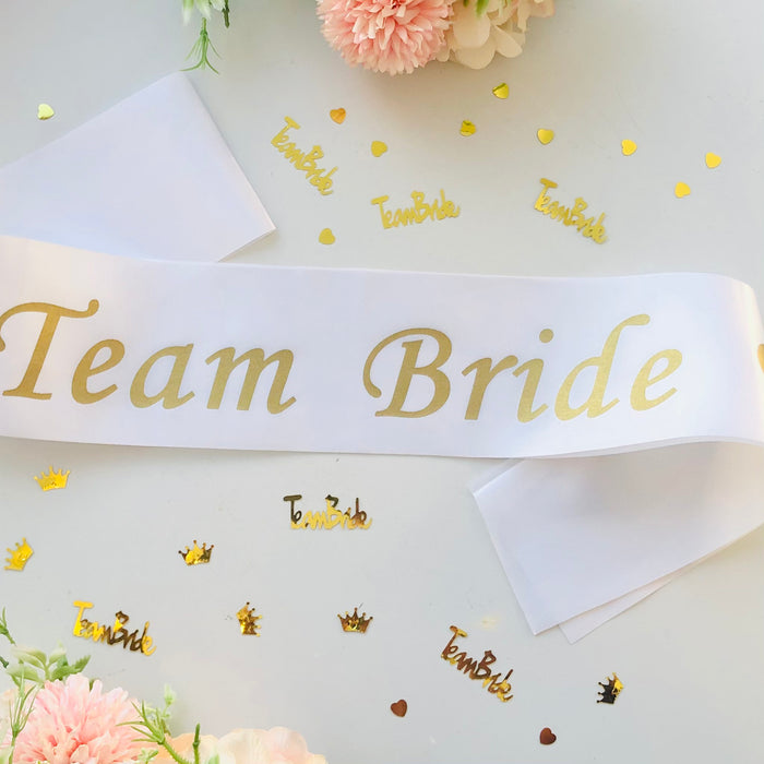 Pack of 12 Team Bride White and Gold Sashes and 1 Bride to Be Sash White and Gold