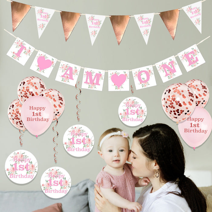 20 Piece 1st Birthday Decorations Set Pink Floral for Girls