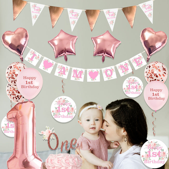 Complete 1st Birthday Decorations Set Pink Floral for Girls with Cake Topper