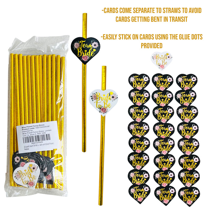 25 Pack Hen Party Paper Straws Black and Gold Floral 24 Team Bride 1 Bride to Be