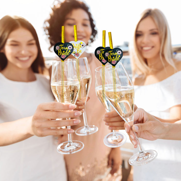 25 Pack Hen Party Paper Straws Black and Gold Floral 24 Team Bride 1 Bride to Be