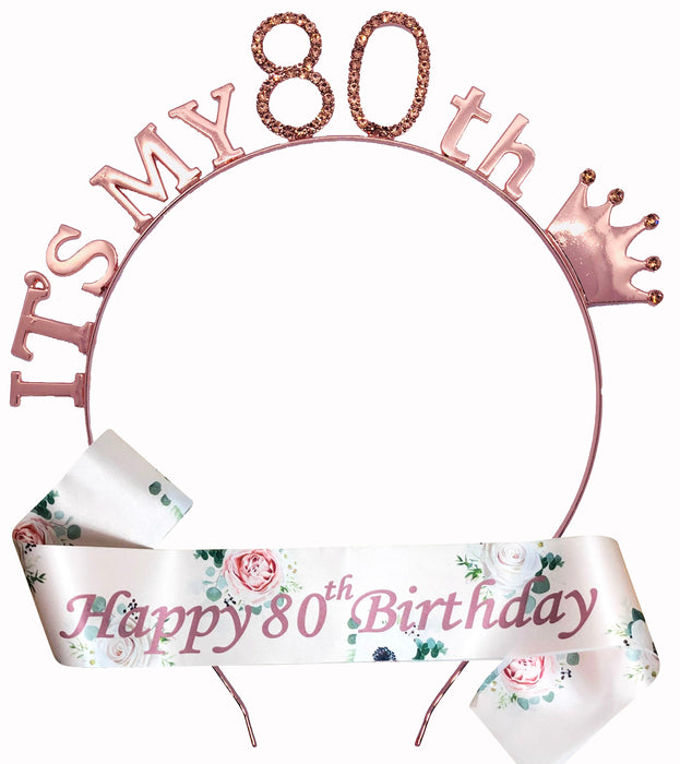 Floral Rose Gold Birthday Tiara and Sash Set