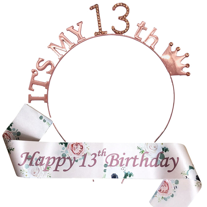 Floral Rose Gold Birthday Tiara and Sash Set