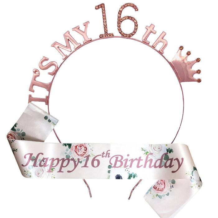 Floral Rose Gold Birthday Tiara and Sash Set
