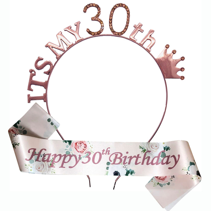 Floral Rose Gold Birthday Tiara and Sash Set