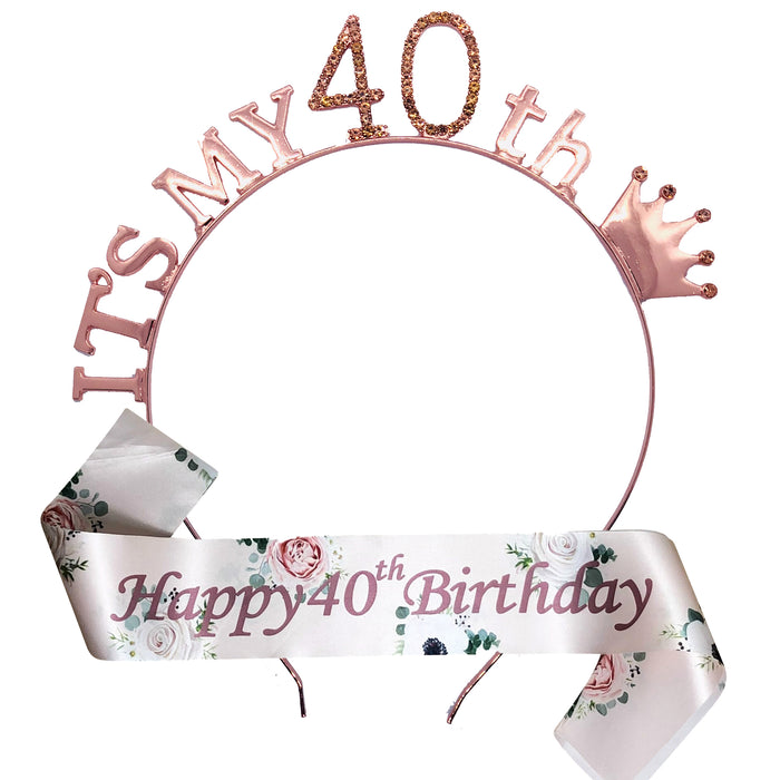 Floral Rose Gold Birthday Tiara and Sash Set