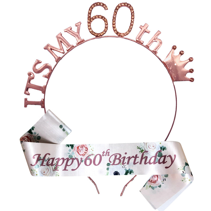 Floral Rose Gold Birthday Tiara and Sash Set