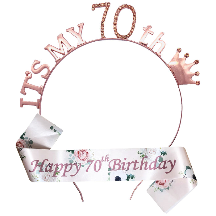 Floral Rose Gold Birthday Tiara and Sash Set