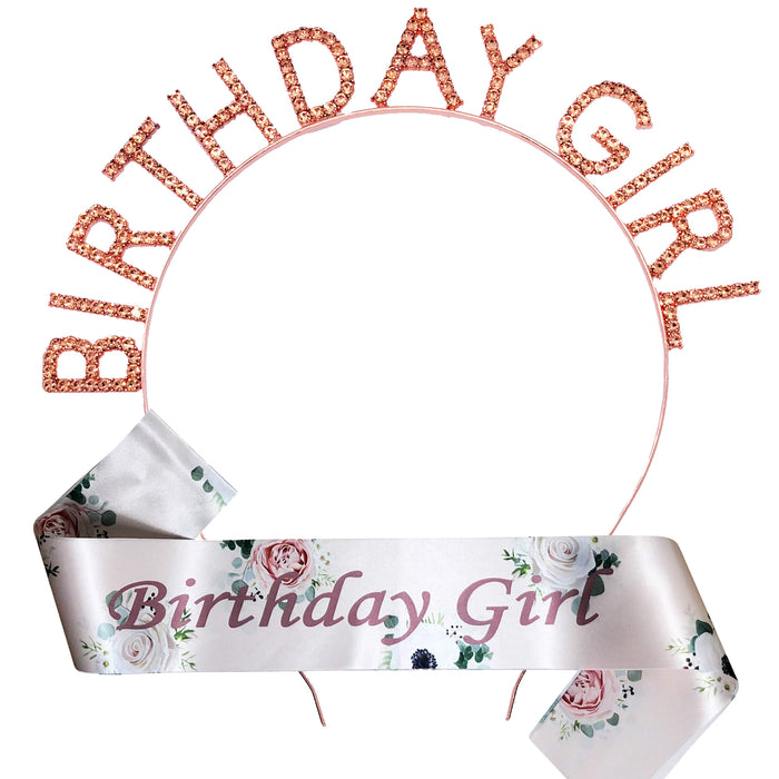 Floral Rose Gold Birthday Tiara and Sash Set